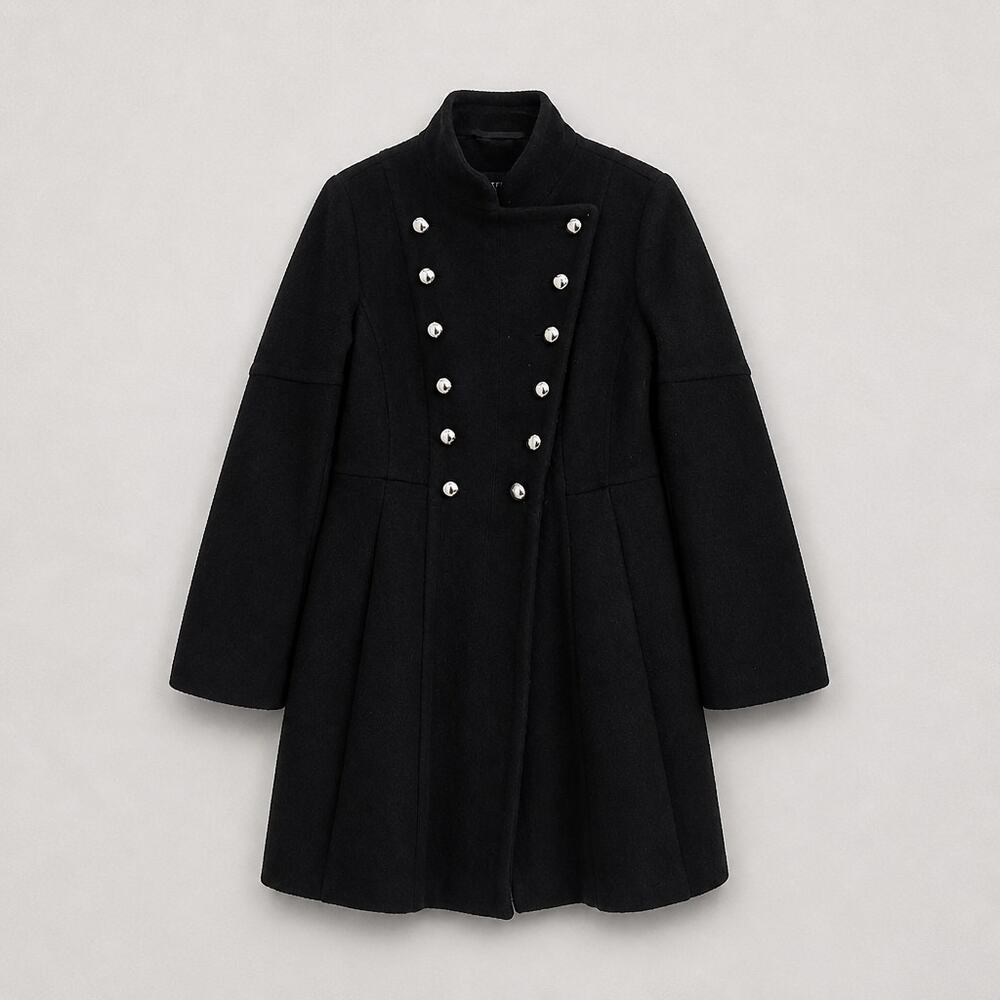 Wool GUESS Y2K Black Wool Military Coat Silver Buttons Belted Double Breasted
